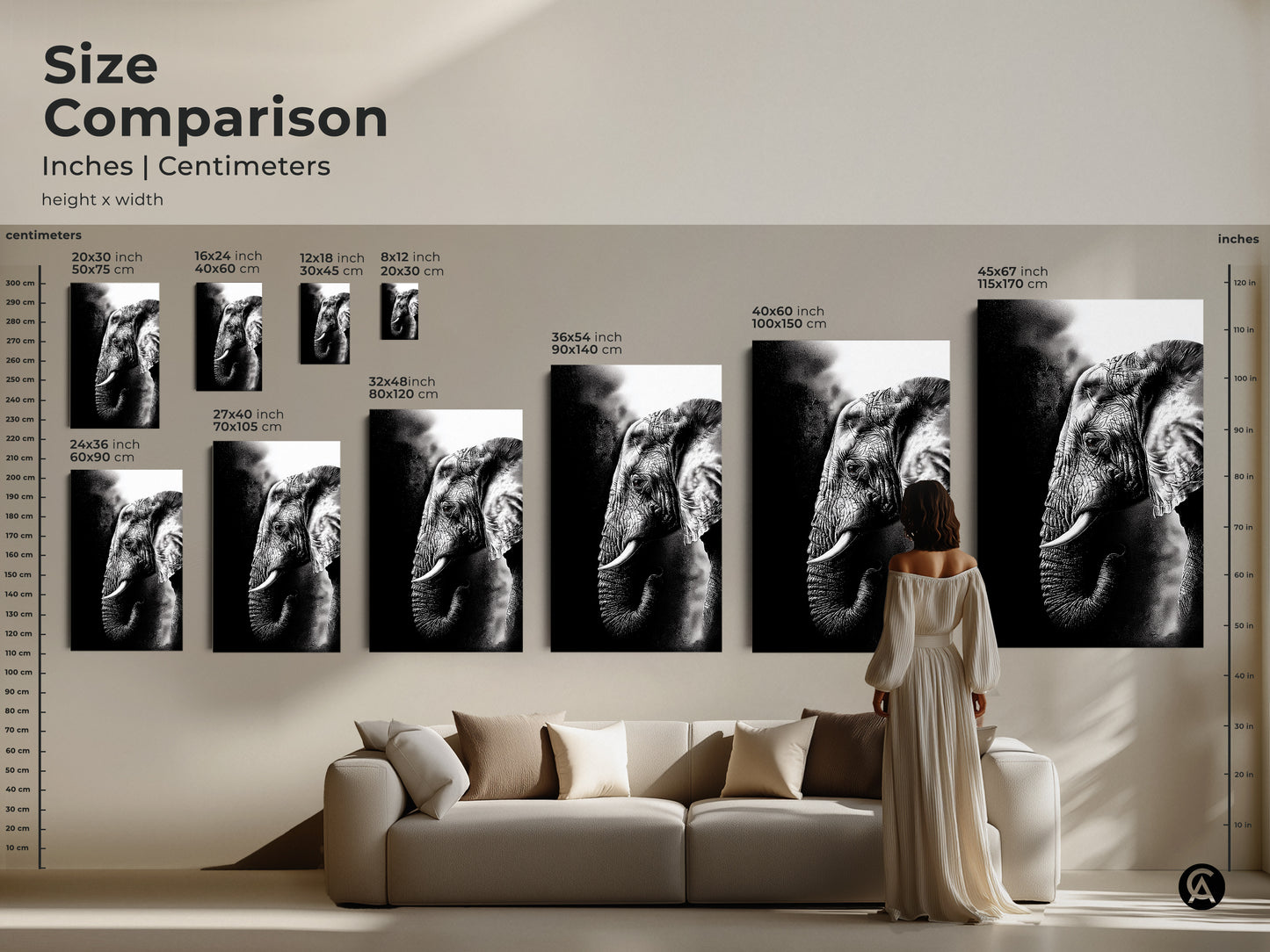 Size comparison of monochrome elephant art print in inches and centimeters. See how the black and white elephant print scales in a room setting. A wildlife animal canvas art in various sizes. Choose the perfect modern home decor elephant artwork.
