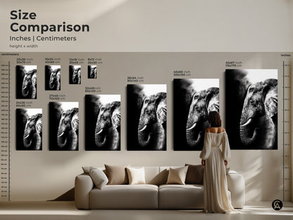Size comparison of monochrome elephant art print in inches and centimeters. See how the black and white elephant print scales in a room setting. A wildlife animal canvas art in various sizes. Choose the perfect modern home decor elephant artwork.