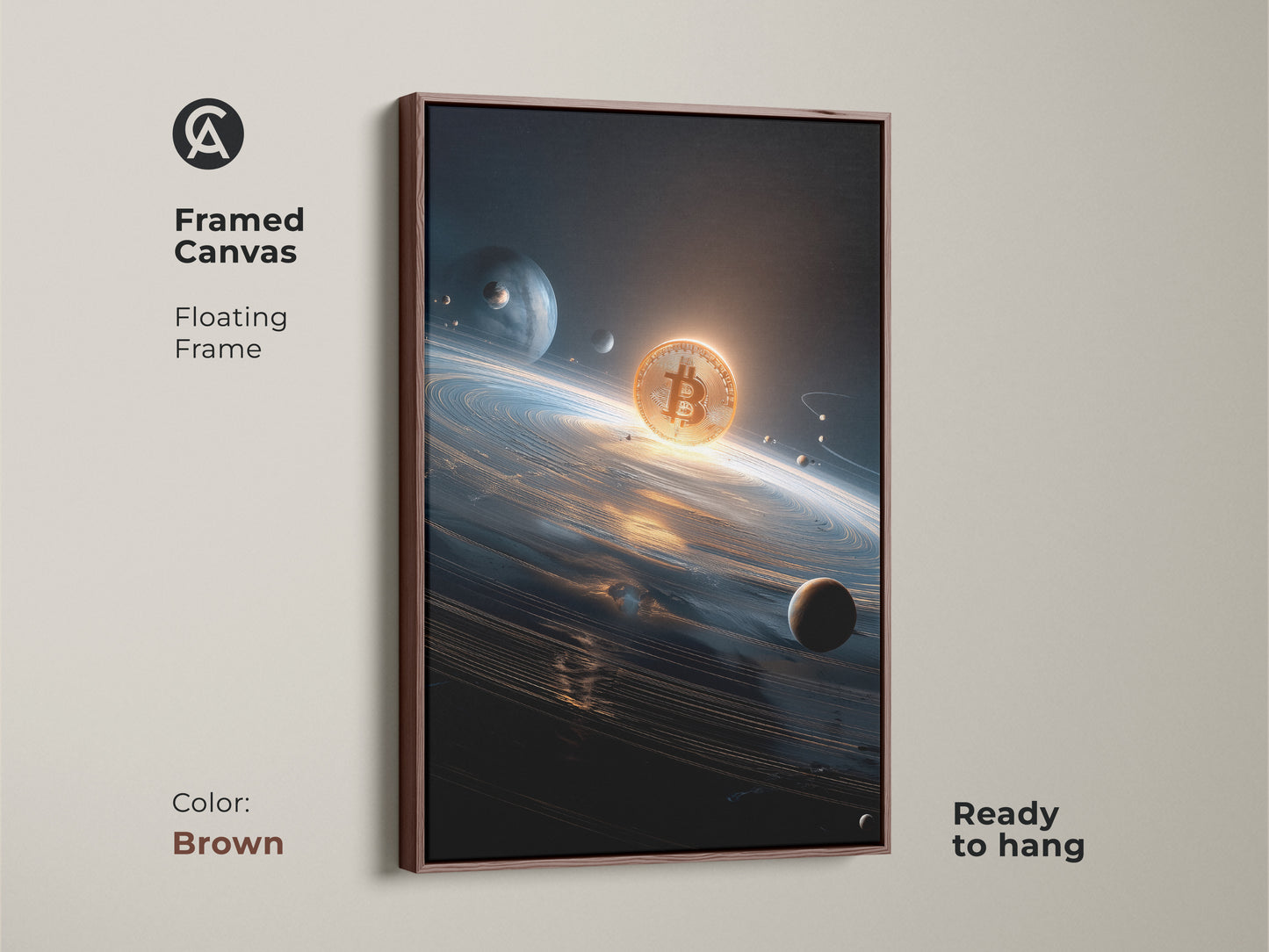 Bitcoin framed canvas art. This floating frame is brown. The artwork depicts a Bitcoin in space. The digital coin is surrounded by planets and stars. This crypto art is ready to hang.