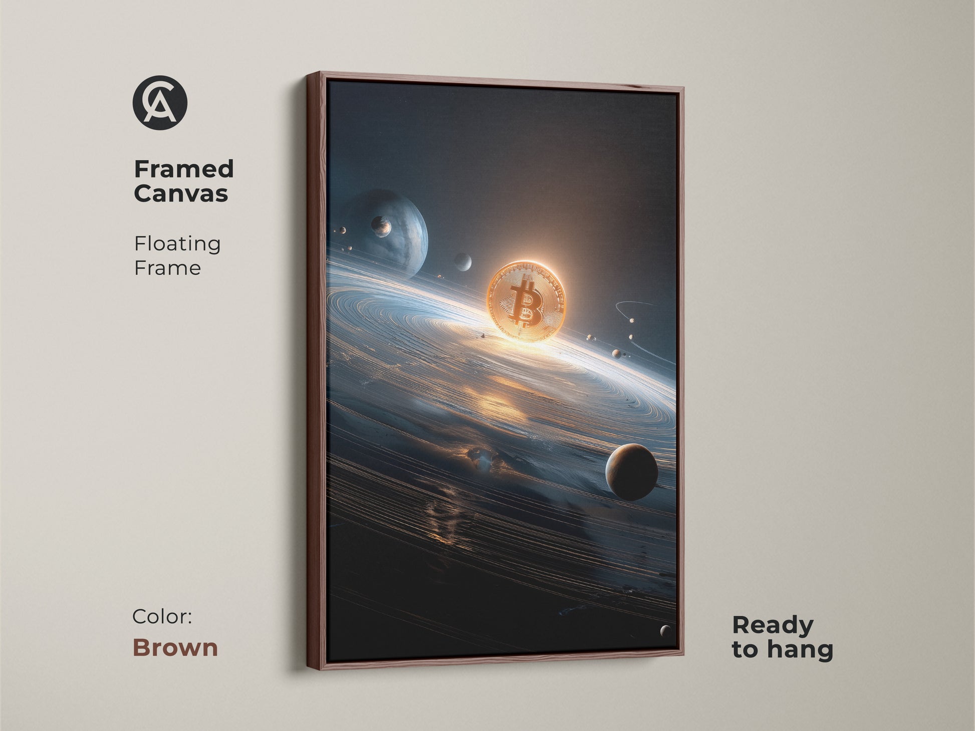 Bitcoin framed canvas art. This floating frame is brown. The artwork depicts a Bitcoin in space. The digital coin is surrounded by planets and stars. This crypto art is ready to hang.