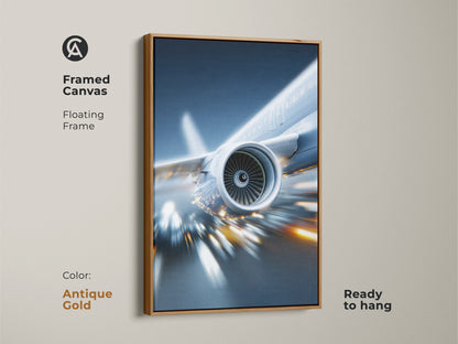 Antique gold framed canvas featuring sleek jet engine artwork. This ready-to-hang print adds a touch of elegance with its floating frame. Ideal for aviation enthusiasts and modern decor.