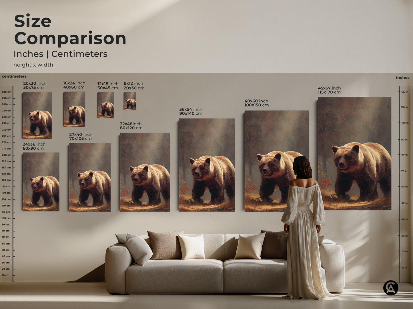 Size comparison of realistic bear artwork in inches and centimeters. See how the canvas art fits above a sofa. Earth tone animal print is perfect for living room canvas art.