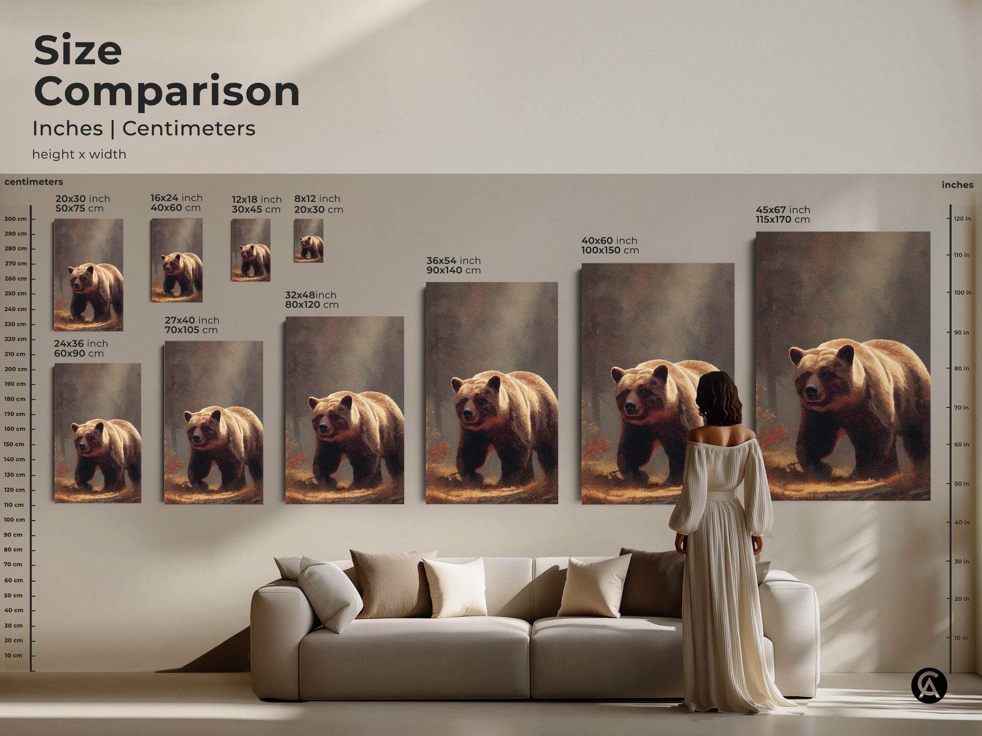 Size comparison of realistic bear artwork in inches and centimeters. See how the canvas art fits above a sofa. Earth tone animal print is perfect for living room canvas art.