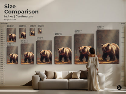 Size comparison of realistic bear artwork in inches and centimeters. See how the canvas art fits above a sofa. Earth tone animal print is perfect for living room canvas art.