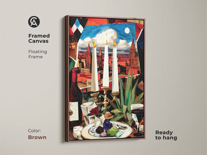 See our framed cubist still life canvas with a floating brown frame. This colorful artwork features a wine bottle candles and cityscape. It's ready to hang and enhances any modern space.