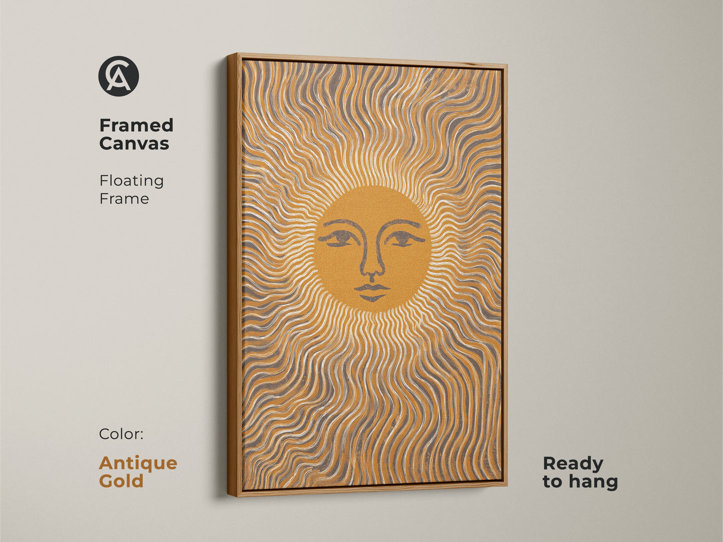 Antique Gold Framed Canvas featuring an Abstract Sun Face with wavy lines. Its Mustard Yellow and Gray tones evoke a Boho Minimalist vibe. Ready to hang this celestial piece adds charm to any bedroom.  It is a unique Boho Wall Decor.