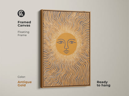Antique Gold Framed Canvas featuring an Abstract Sun Face with wavy lines. Its Mustard Yellow and Gray tones evoke a Boho Minimalist vibe. Ready to hang this celestial piece adds charm to any bedroom.  It is a unique Boho Wall Decor.