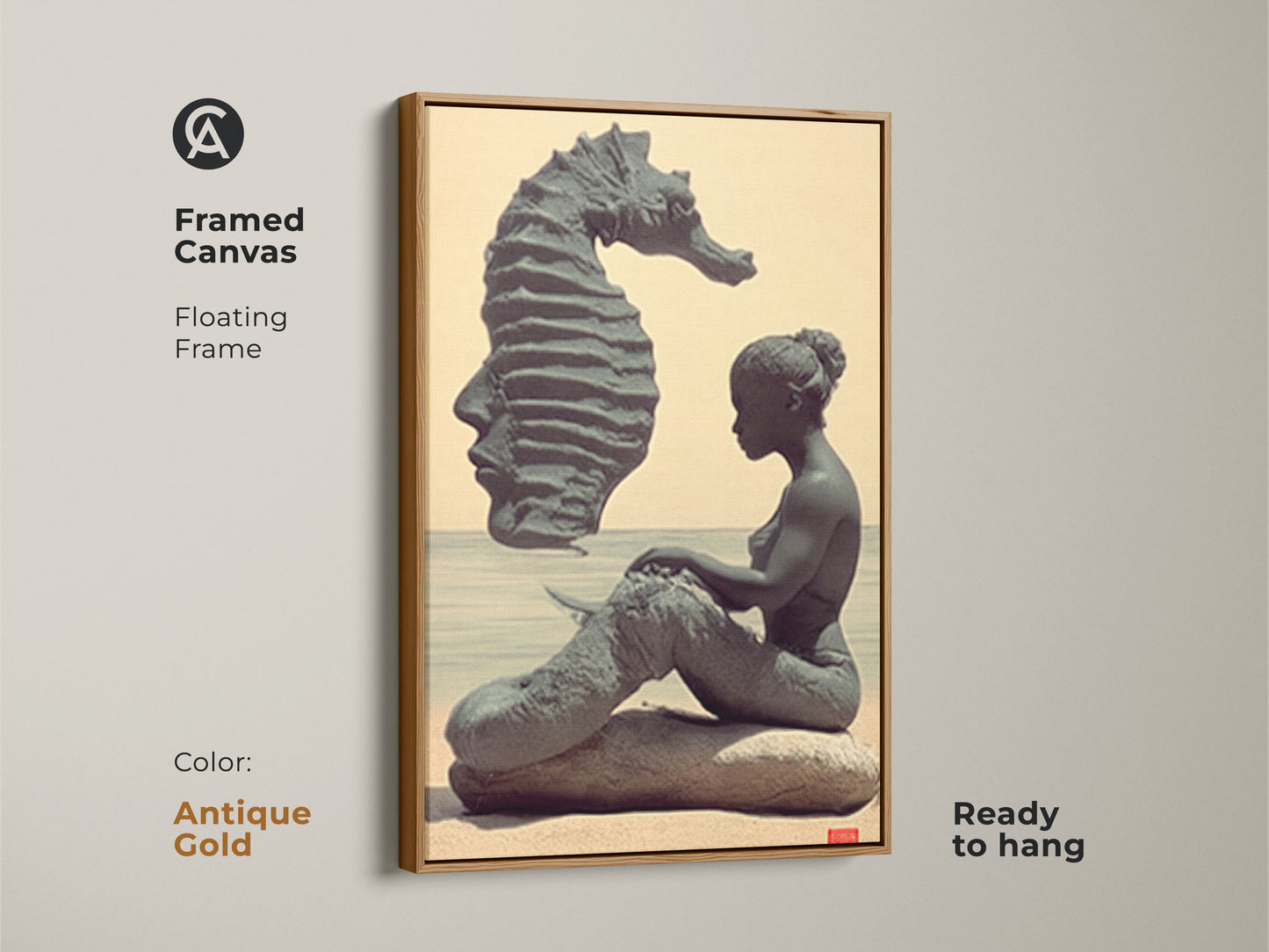 Framed canvas with floating frame featuring a surreal mermaid art print. The antique gold framed canvas showcases fantasy seahorse wall art. Enhance your eclectic bedroom with this unique ocean art. A teal beige art gift.