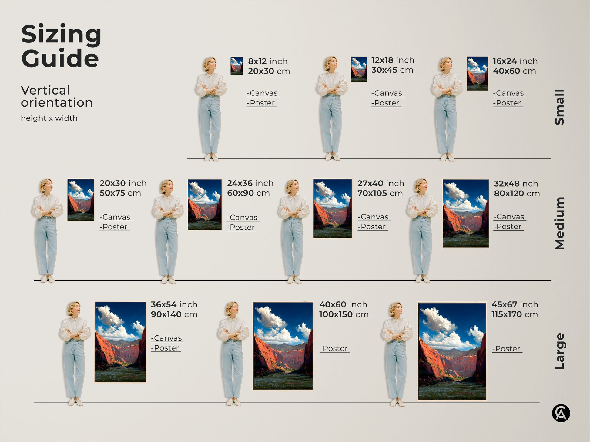 Sizing guide for vertical red rock canyon landscape canvas and poster prints. Find the perfect fit from small to large sizes. Available in inches and centimeters. Choose the ideal scale for your impressionistic nature art. Make sure it will fit perfectly in your bedroom or living space.