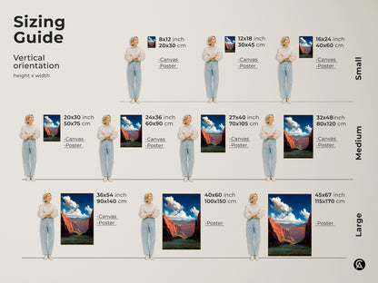 Sizing guide for vertical red rock canyon landscape canvas and poster prints. Find the perfect fit from small to large sizes. Available in inches and centimeters. Choose the ideal scale for your impressionistic nature art. Make sure it will fit perfectly in your bedroom or living space.