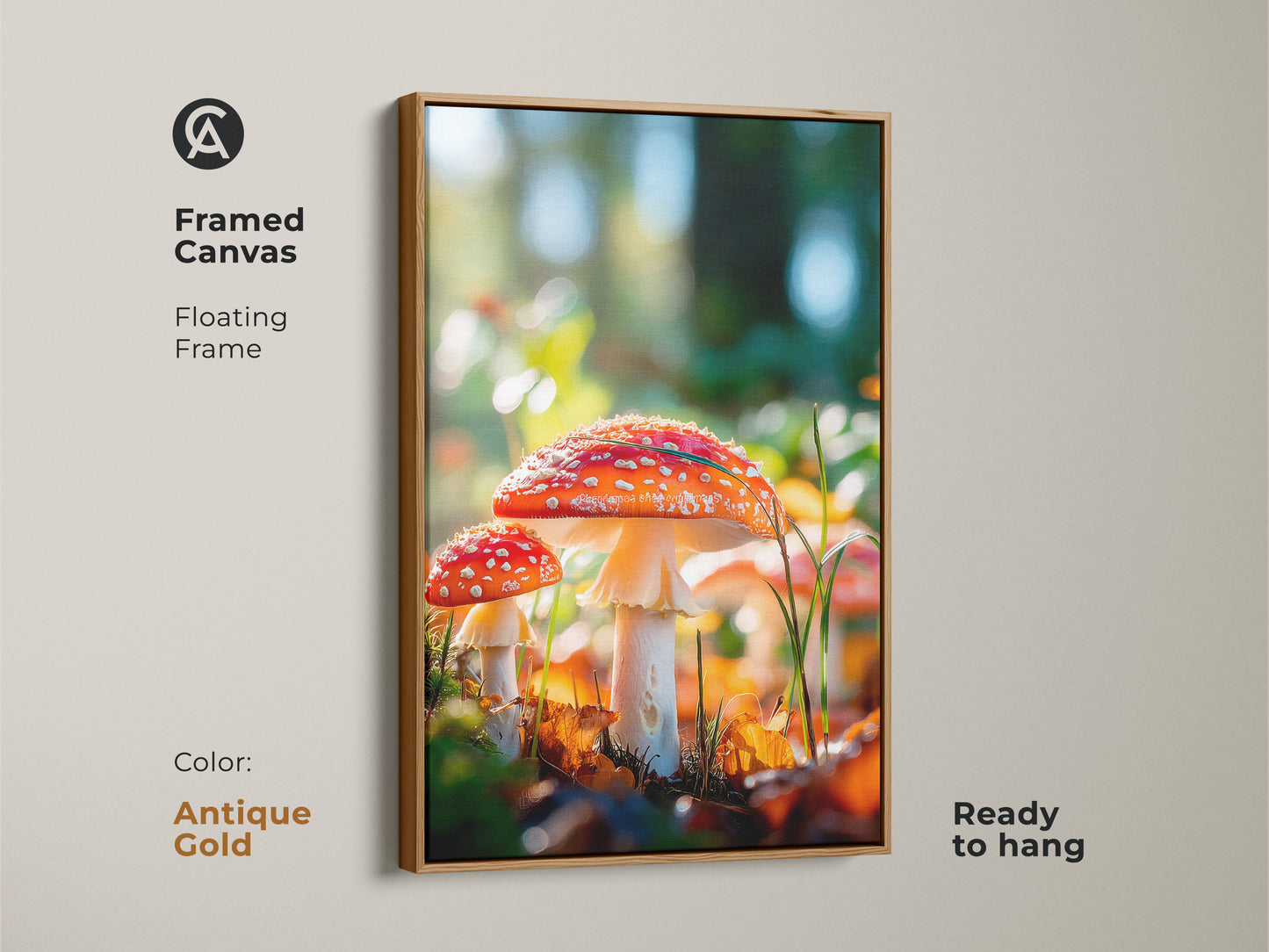 Antique gold framed mushroom art. The framed canvas features two red capped mushrooms. The floating frame adds a touch of elegance. This artwork is ready to hang and enjoy. 