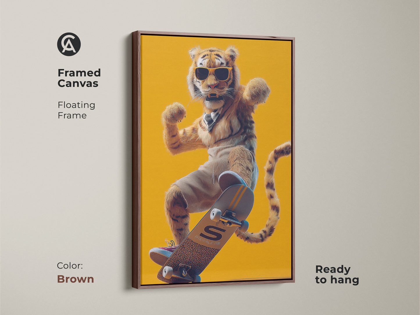 This brown framed canvas displays a cool tiger on a skateboard. It's a great birthday gift for him. Ideal for adding a playful vibe to game rooms or man caves ready to hang.