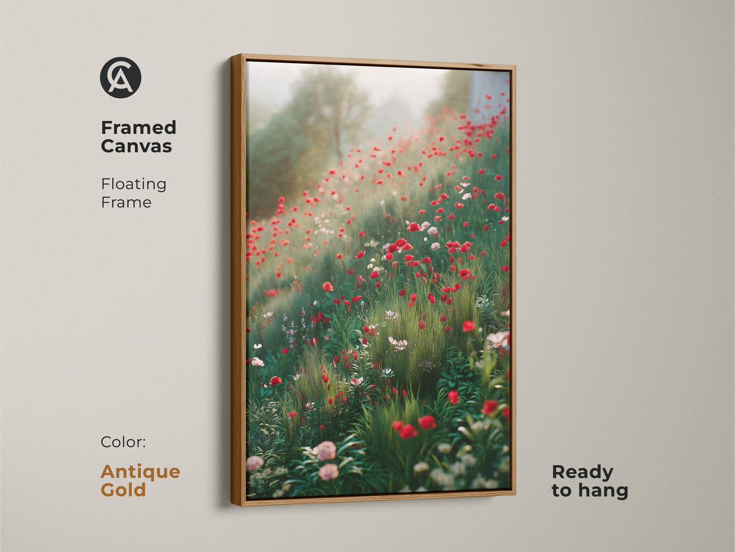 Framed canvas with an antique gold floating frame showcasing a wildflower field art. Red poppies and subtle pinks create a dreamy scene. The ready to hang botanical print brings nature indoors. Perfect for cottagecore wall hanging.