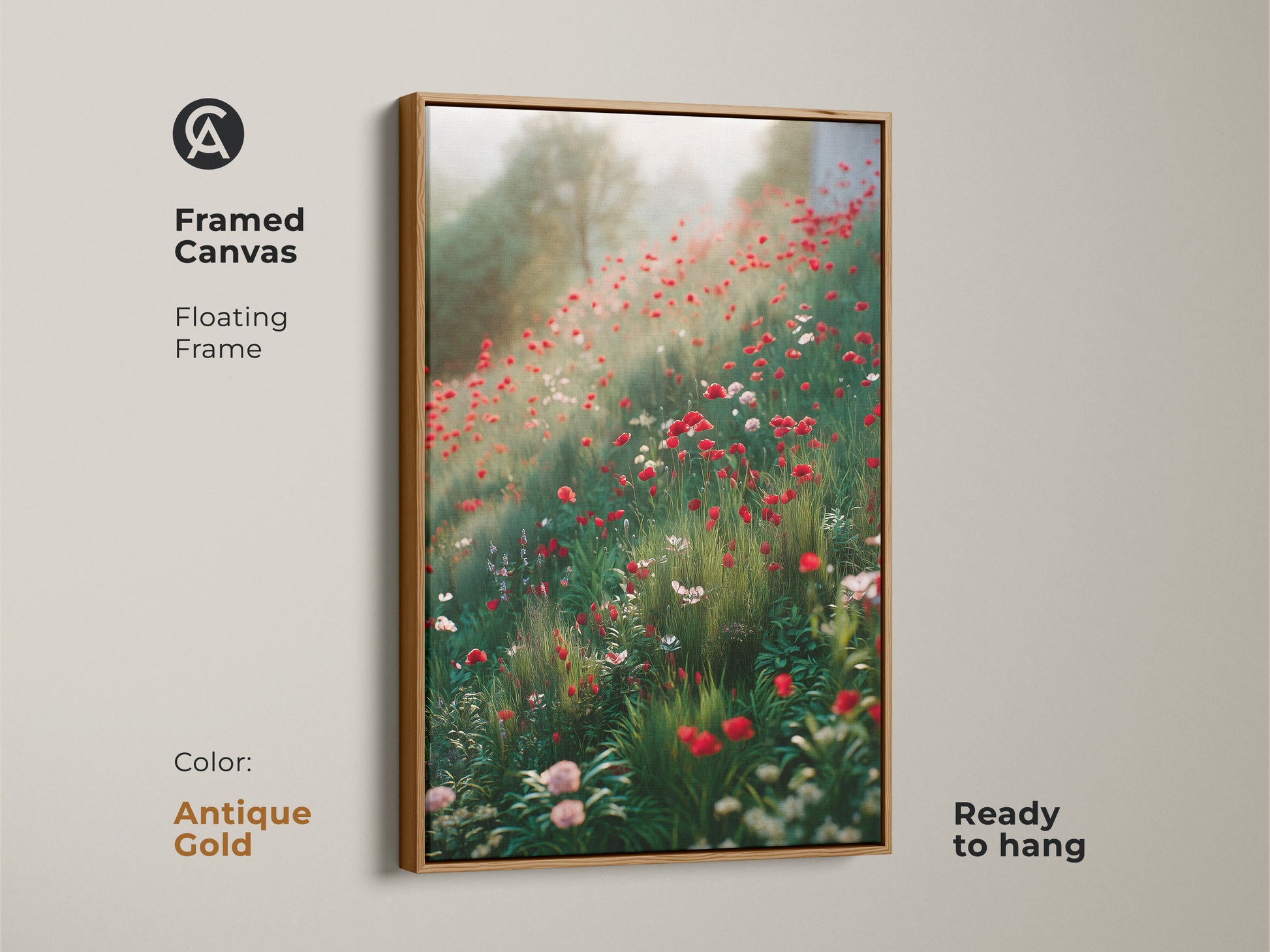 Framed canvas with an antique gold floating frame showcasing a wildflower field art. Red poppies and subtle pinks create a dreamy scene. The ready to hang botanical print brings nature indoors. Perfect for cottagecore wall hanging.