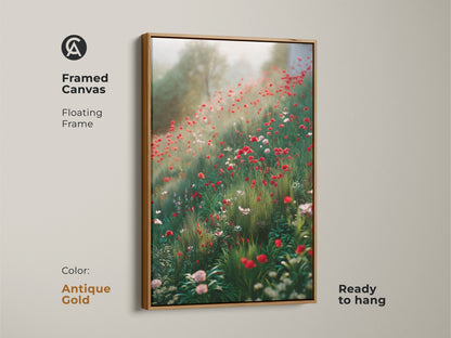 Framed canvas with an antique gold floating frame showcasing a wildflower field art. Red poppies and subtle pinks create a dreamy scene. The ready to hang botanical print brings nature indoors. Perfect for cottagecore wall hanging.