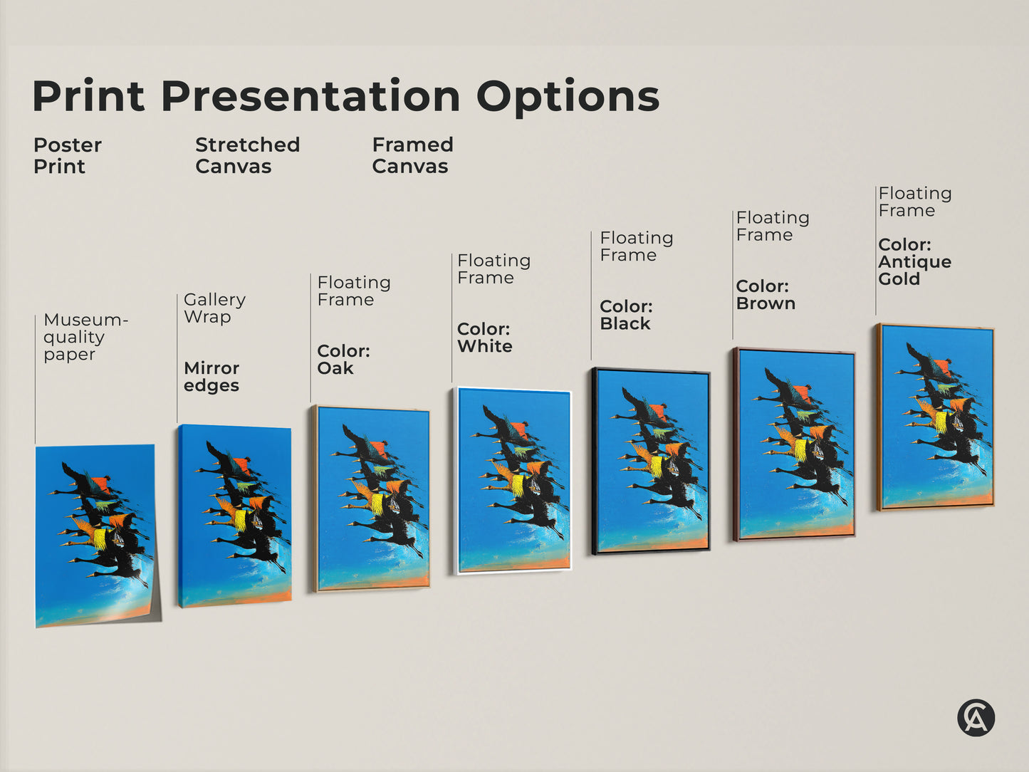 Print presentation options for abstract flying birds canvas. See poster prints stretched canvas and framed canvas. Floating frame colors include white black brown oak and antique gold art prints.
