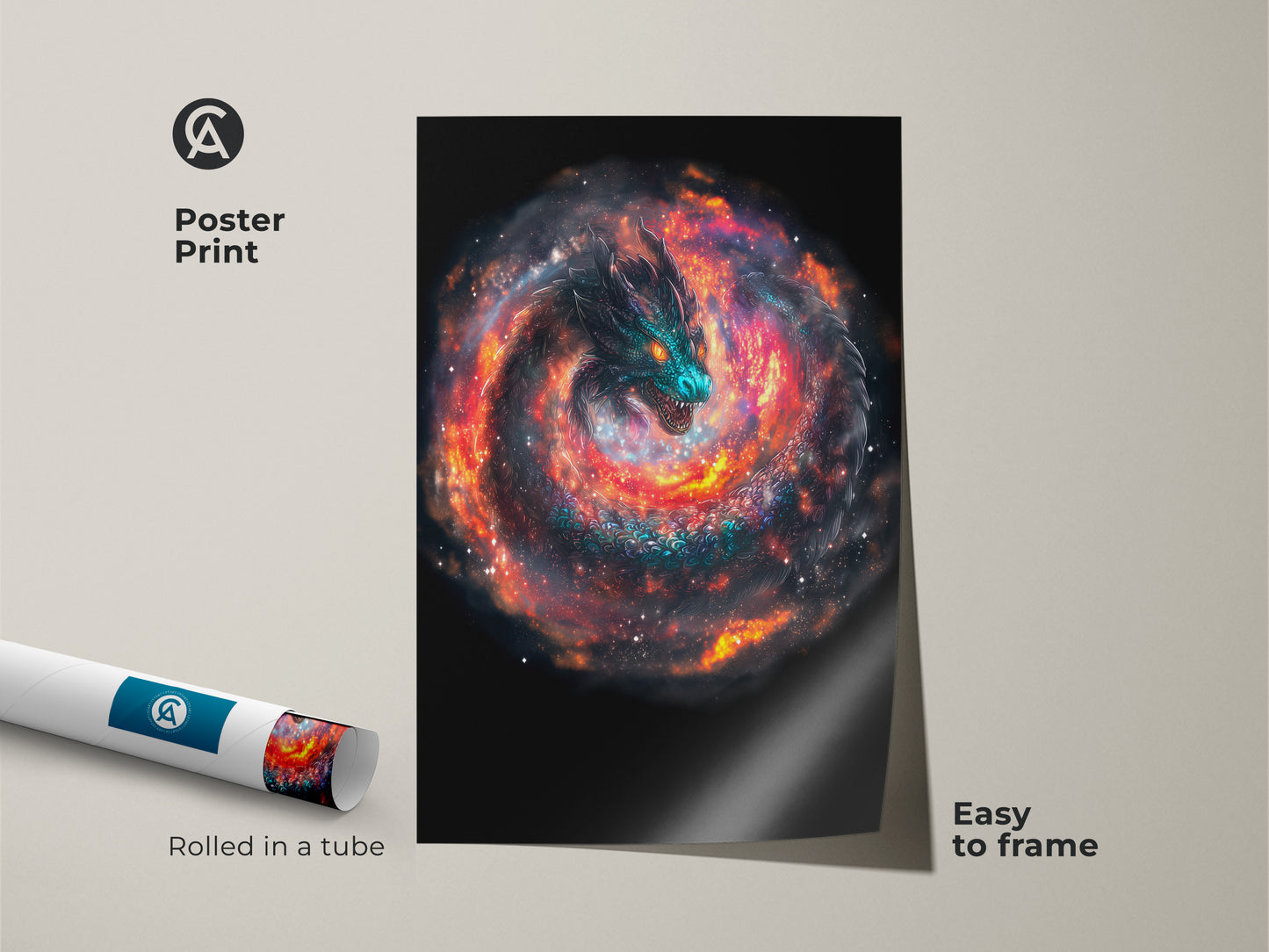 Poster print of a cosmic dragon artwork. It features easy framing. This sci-fi space art shows a surreal dragon decor. Rolled in a tube for protection. Perfect for those who love mythical creature wall art.