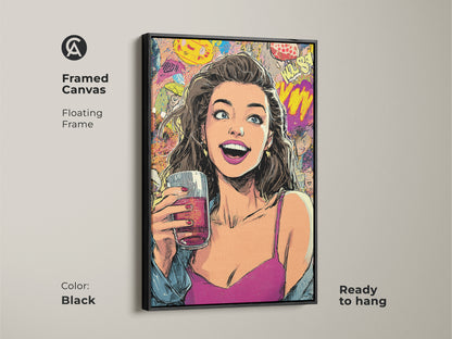 Framed canvas of a woman drinking in pop art style. Black floating frame around retro comic book wall art. Eclectic bedroom decor with magenta blue and yellow artwork. The canvas is ready to hang and adds a vibrant touch to your walls.