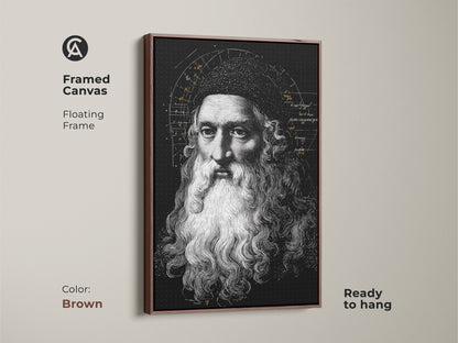 Framed canvas featuring Leonardo da Vinci art. The brown floating frame enhances this Renaissance portrait. This vintage scientific diagram print adds a historical touch. The historical figure artwork is ready to hang. A perfect gift for any history lover.