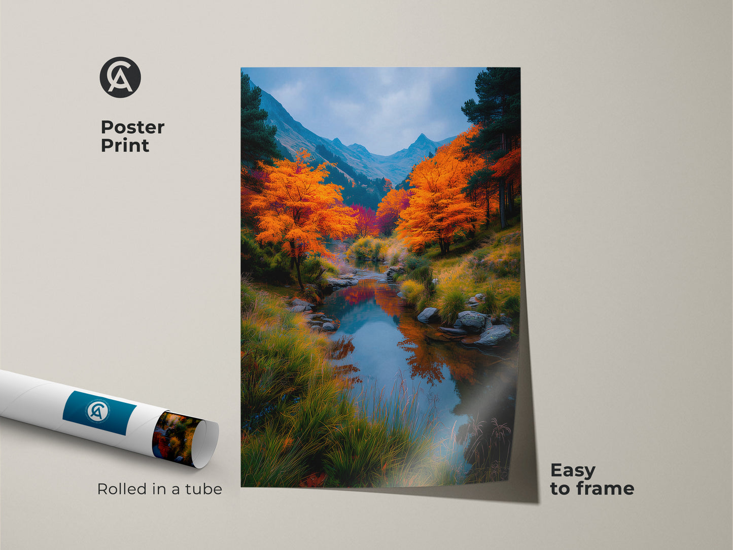 Poster print of a picturesque river landscape in autumn. This artwork is easy to frame and adds a touch of nature to any room. The vibrant colors and serene scene create a calming atmosphere. Rolled in a tube for protection.