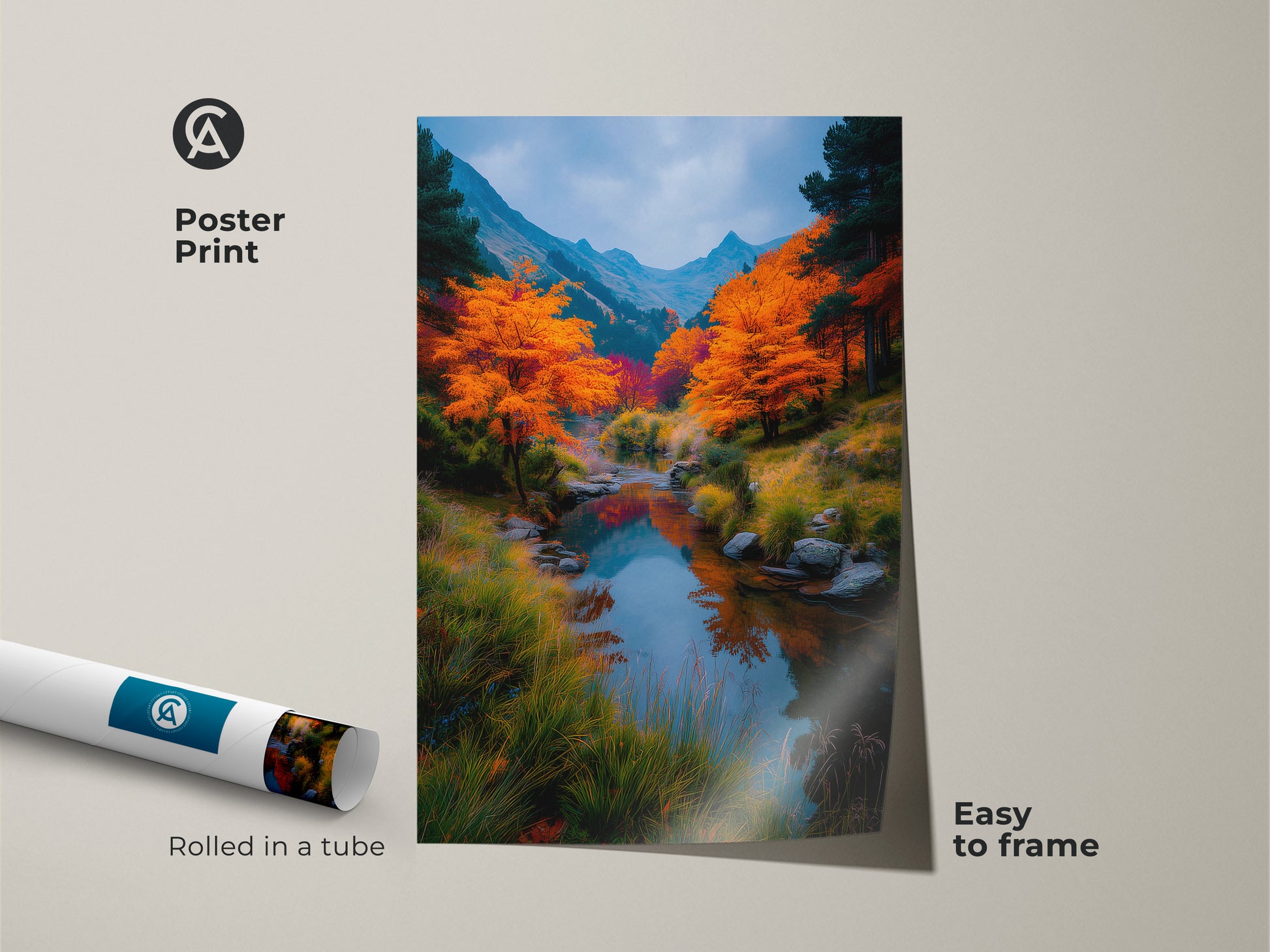 Poster print of a picturesque river landscape in autumn. This artwork is easy to frame and adds a touch of nature to any room. The vibrant colors and serene scene create a calming atmosphere. Rolled in a tube for protection.