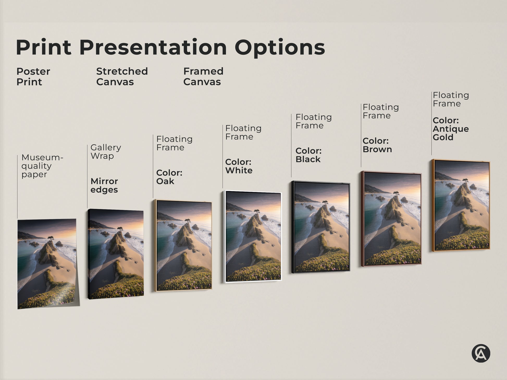 Explore print presentation options for coastal landscape artwork. Choose from poster prints stretched canvas and framed canvas. Options include gallery wrap museum quality paper and floating frames. Find the perfect style to showcase your ocean sunset wall art.