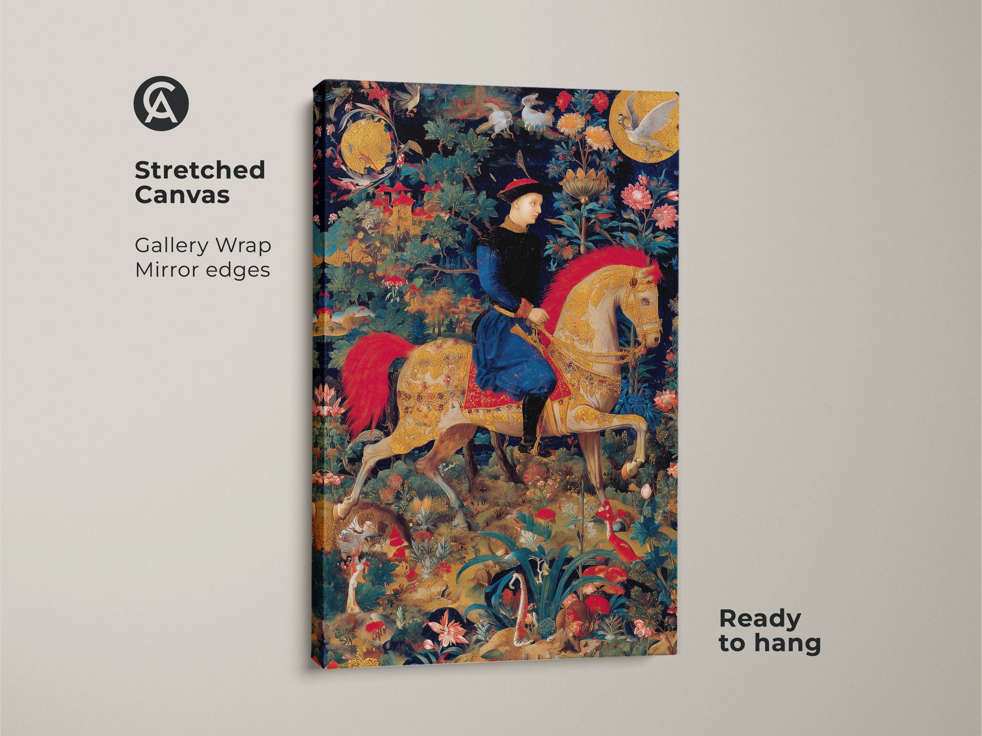 This is a stretched canvas print of a medieval knight on horseback. The artwork has an emerald green and gold color palette. It's a historical fantasy tapestry art piece. The gallery wrap with mirror edges gives it a modern touch. It's ready to hang and adds eclectic charm to any space.