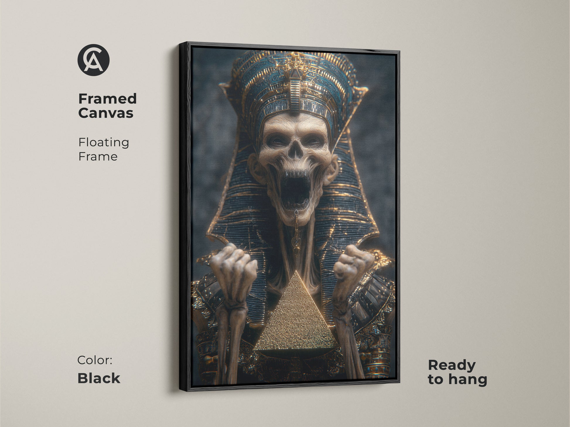 Framed canvas features a pharaoh skeleton in ornate regalia. The floating frame is sleek and black. This gothic artwork is perfect for dark academia decor. It's ready to hang in your study. The art is a pyramid canvas.
