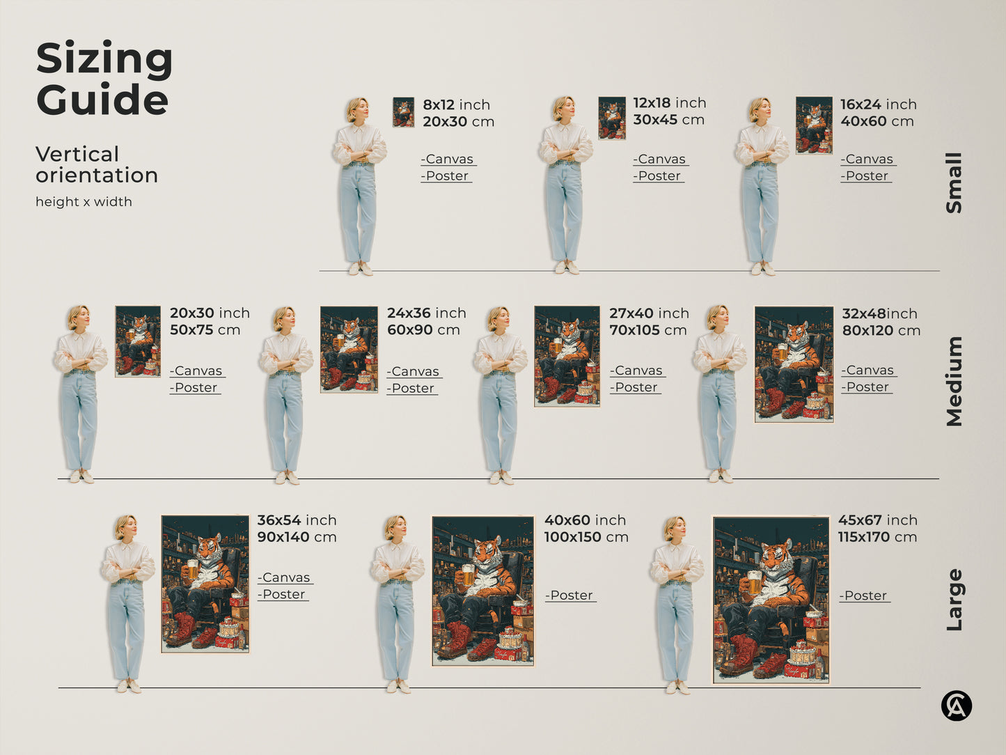 Sizing guide showcasing various sizes of the tiger with beer canvas and poster. Vertical orientation with height and width measurements in inches and centimeters. The artwork is perfect for small medium and large wall spaces.