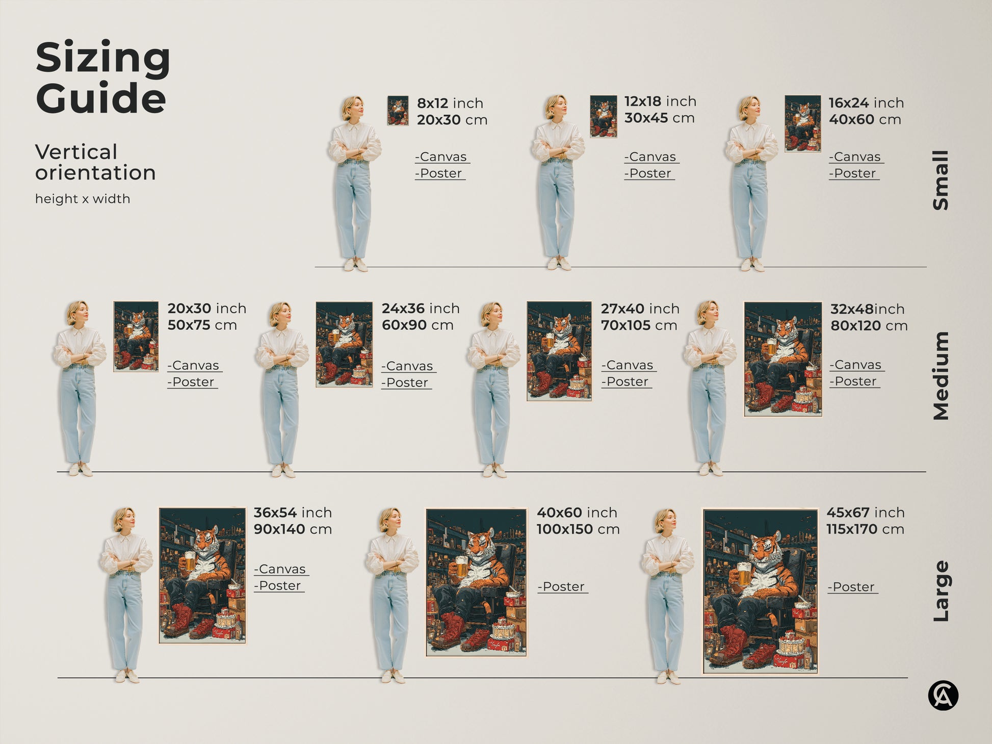 Sizing guide showcasing various sizes of the tiger with beer canvas and poster. Vertical orientation with height and width measurements in inches and centimeters. The artwork is perfect for small medium and large wall spaces.