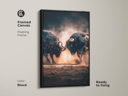 Framed canvas artwork of two bulls fighting. The floating frame in black enhances the art. Ready to hang this artwork brings a bold statement to your space. Perfect for modern decor.