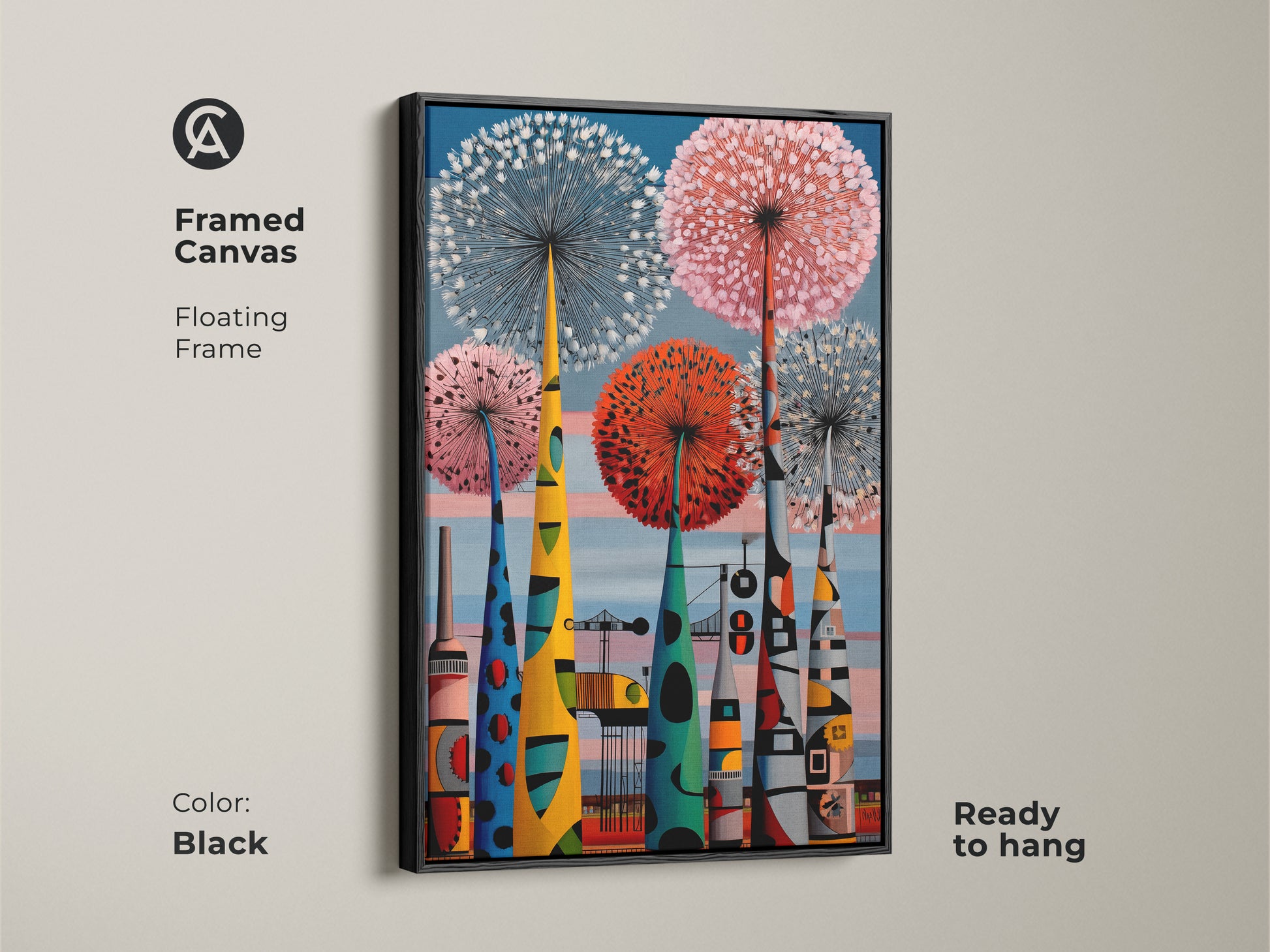 Framed canvas with a floating black frame displaying a mid-century modern art print. The botanical dandelion forms and abstract industrial cityscape are colorful in blue red & pink tones. Ready to hang wall decor.