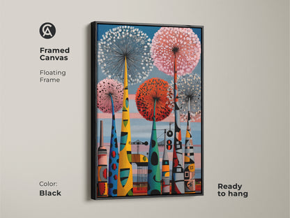 Framed canvas with a floating black frame displaying a mid-century modern art print. The botanical dandelion forms and abstract industrial cityscape are colorful in blue red & pink tones. Ready to hang wall decor.