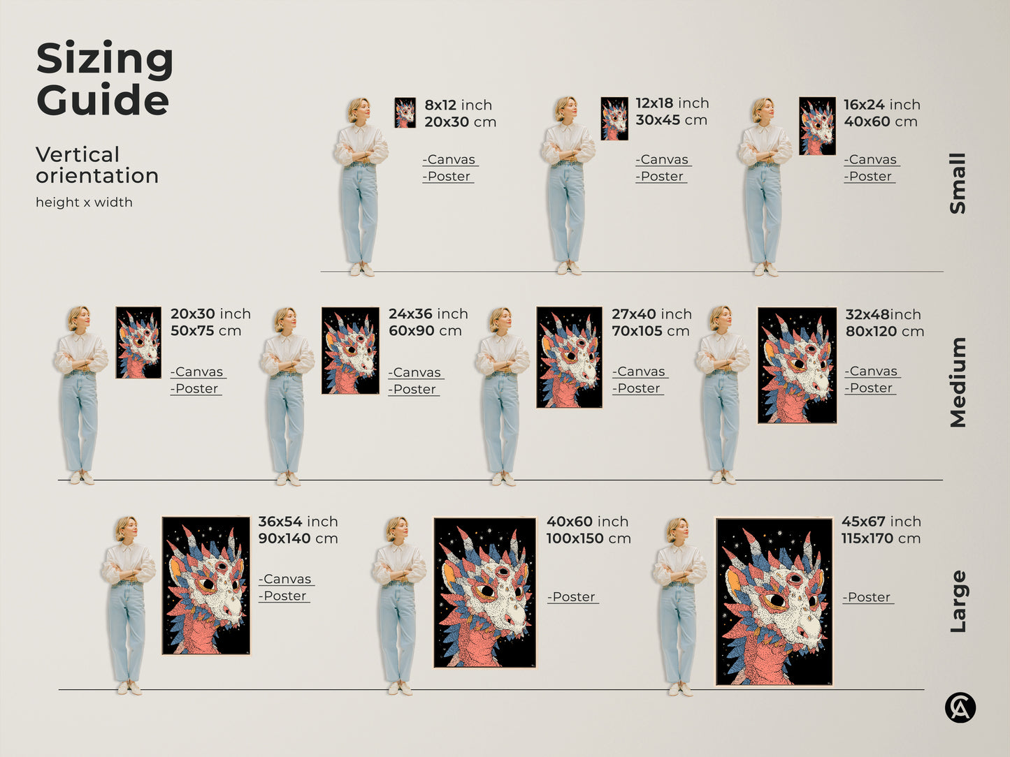 Sizing guide showcasing the mythical dragon wall art in various sizes. Available as canvas or poster prints. Find the ideal fit for your space from small to large sizes.