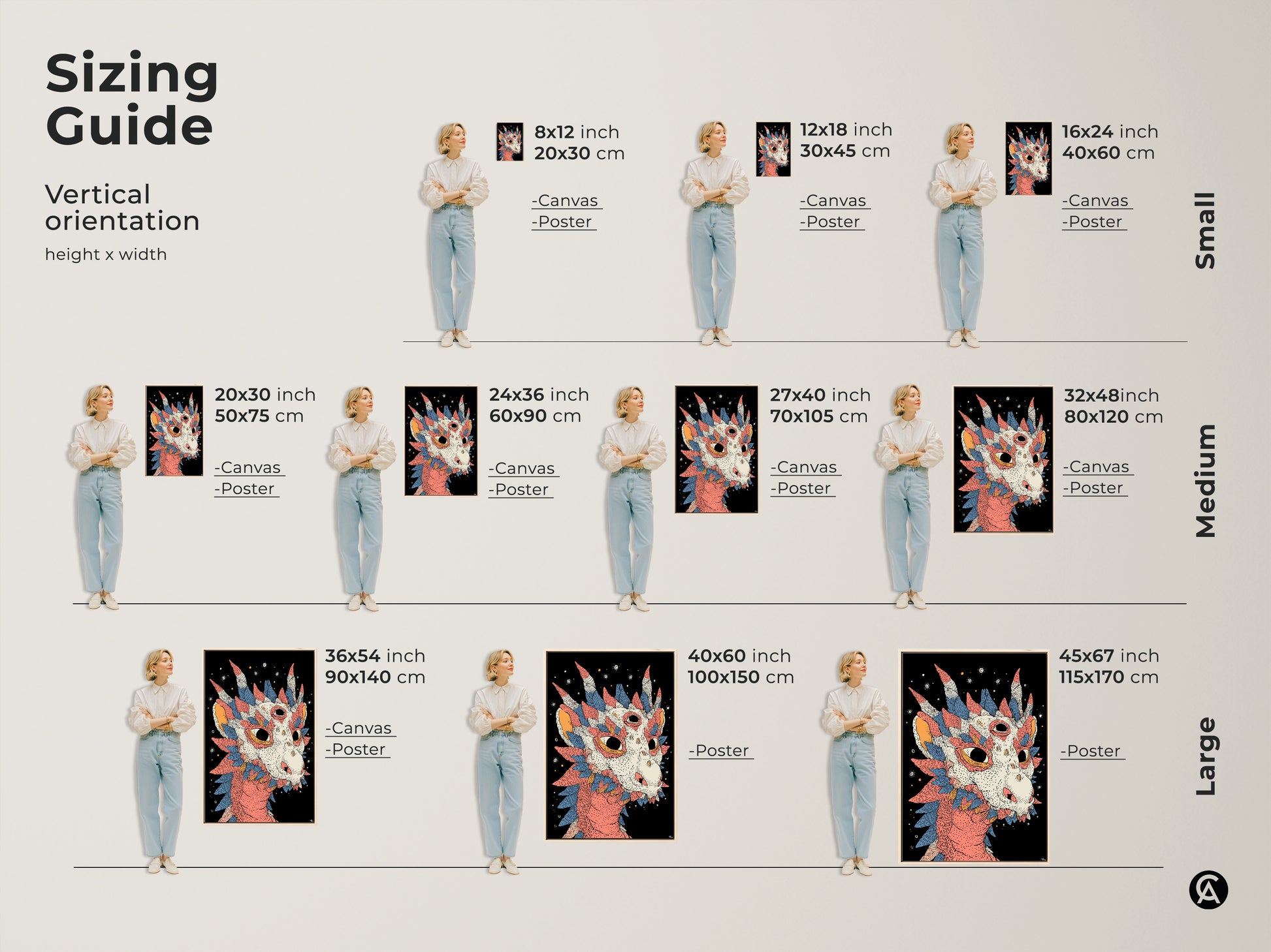 Sizing guide showcasing the mythical dragon wall art in various sizes. Available as canvas or poster prints. Find the ideal fit for your space from small to large sizes.