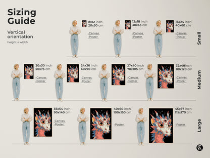Sizing guide showcasing the mythical dragon wall art in various sizes. Available as canvas or poster prints. Find the ideal fit for your space from small to large sizes.