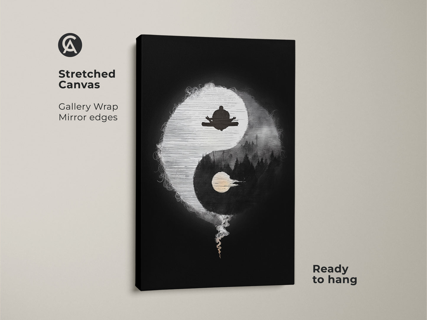 Close-up of Stretched Canvas Abstract Yin Yang Zen art. The minimalist spiritual artwork features a meditating figure. This black and white yoga decor is perfect for a mindful space. Ready to hang gallery-wrapped canvas print with mirror edges.