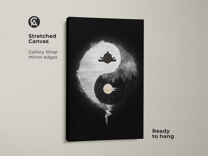 Close-up of Stretched Canvas Abstract Yin Yang Zen art. The minimalist spiritual artwork features a meditating figure. This black and white yoga decor is perfect for a mindful space. Ready to hang gallery-wrapped canvas print with mirror edges.