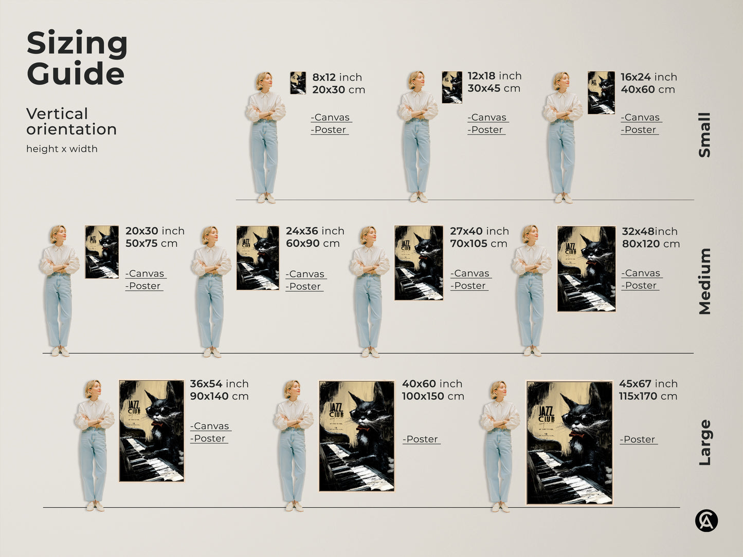 Sizing guide for jazz cat artwork in vertical orientation. Available in canvas and poster options. Find the perfect size for your space. From small to large artwork to fit any room.