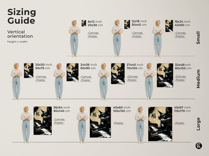 Sizing guide for jazz cat artwork in vertical orientation. Available in canvas and poster options. Find the perfect size for your space. From small to large artwork to fit any room.