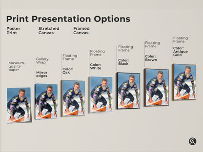 Print presentation options include posters stretched and framed canvas. Museum quality paper is used. Gallery wrapped canvas with mirror edges available. Floating frames with black brown oak and white are available.