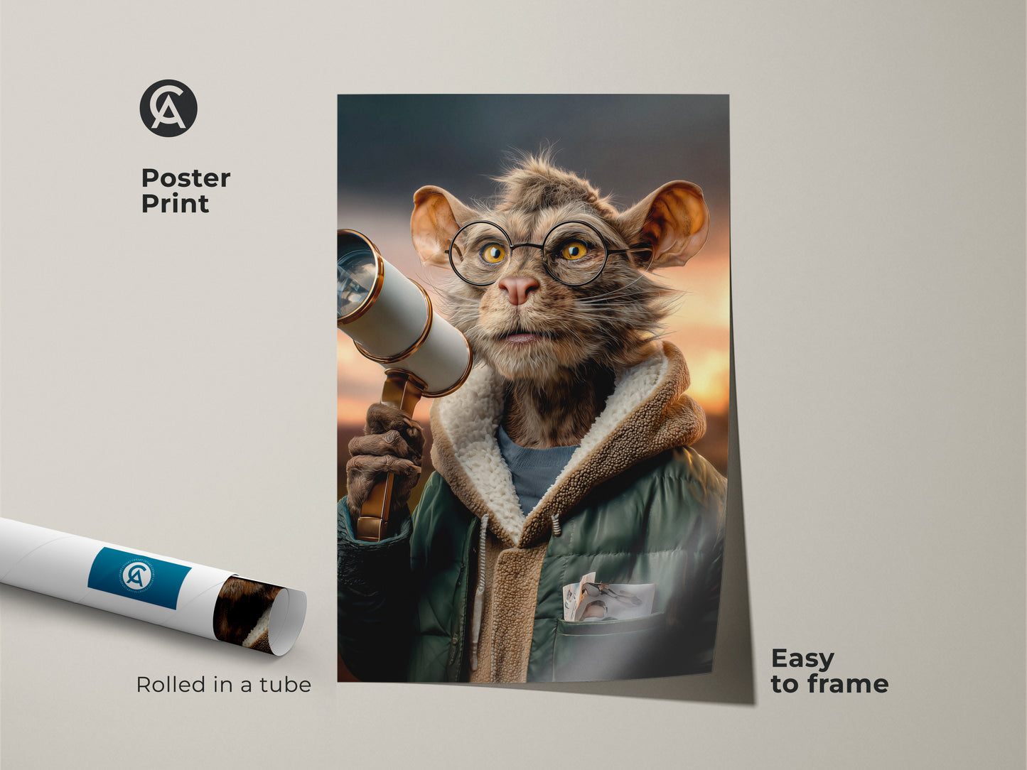 A poster print of surreal cat artwork rolled in a tube next to a framed version. Easy to frame this animal art features a cat with glasses holding a telescope. This unique cat artwork is ideal for adding a touch of whimsy to any room with its brown green and orange palette.
