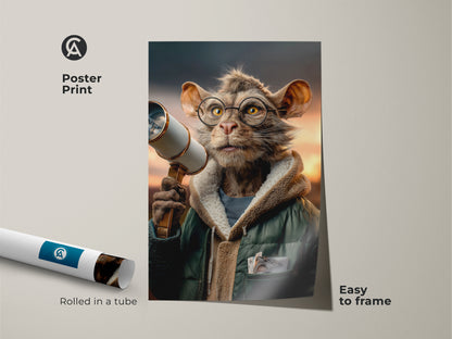 A poster print of surreal cat artwork rolled in a tube next to a framed version. Easy to frame this animal art features a cat with glasses holding a telescope. This unique cat artwork is ideal for adding a touch of whimsy to any room with its brown green and orange palette.