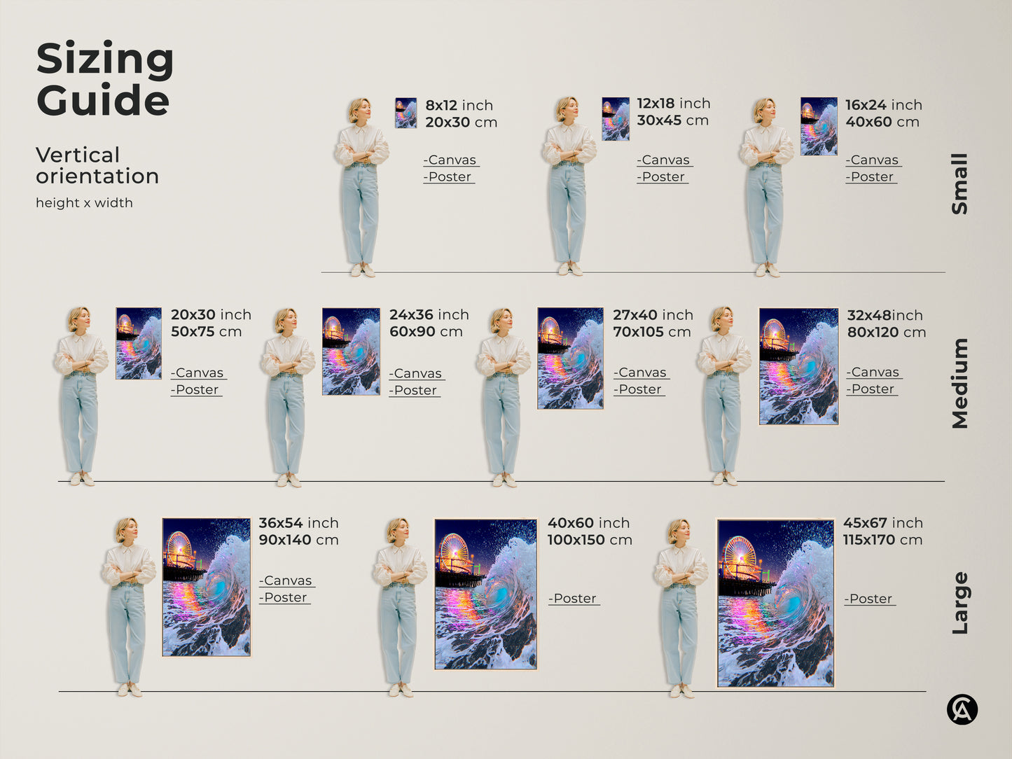 Sizing guide for vertical orientation canvas and poster prints. This artwork features teal blue and pink ocean waves and a Ferris wheel making it perfect for coastal beach decor.