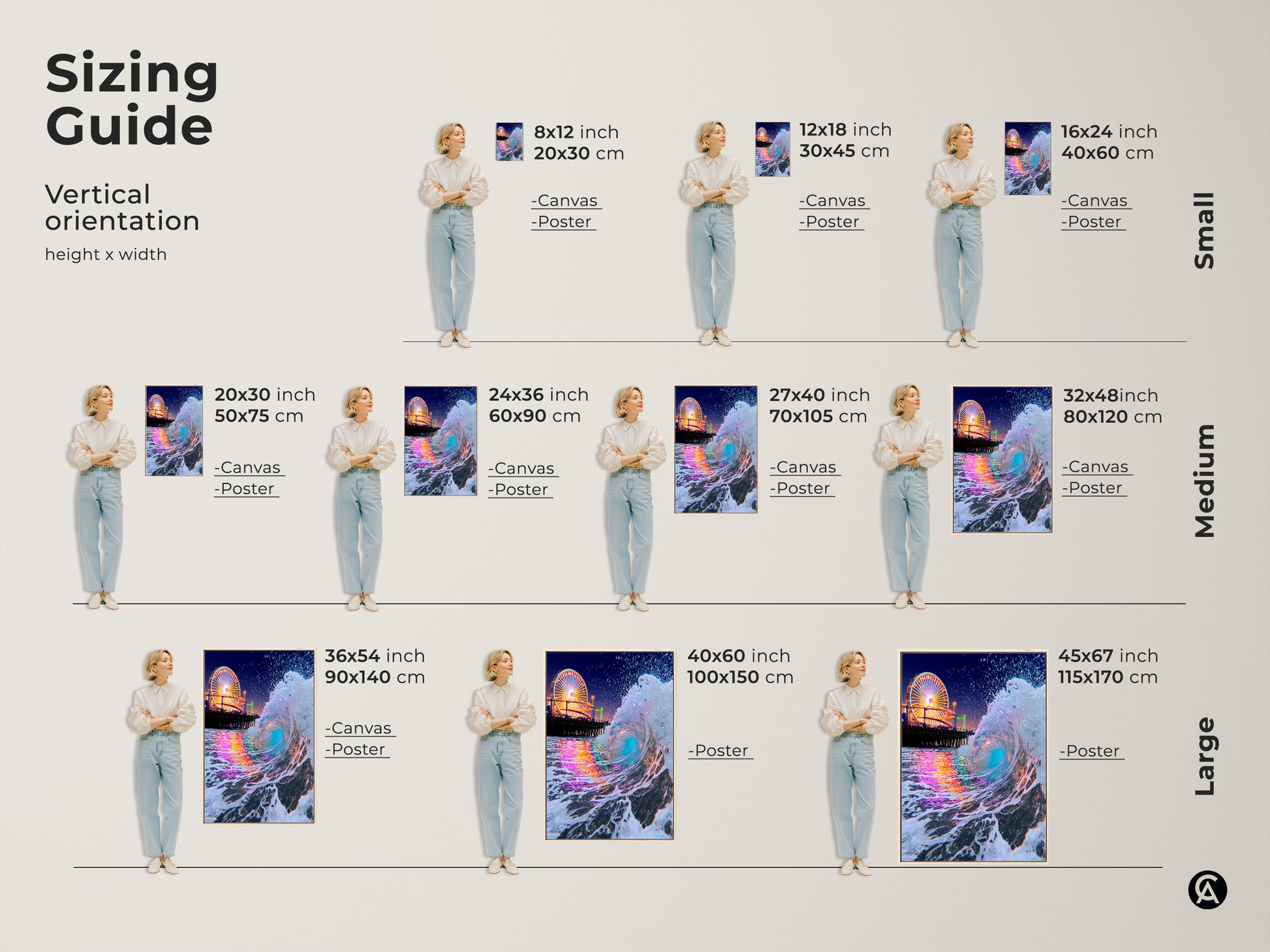 Sizing guide for vertical orientation canvas and poster prints. This artwork features teal blue and pink ocean waves and a Ferris wheel making it perfect for coastal beach decor.