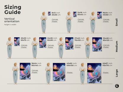 Sizing guide for vertical orientation canvas and poster prints. This artwork features teal blue and pink ocean waves and a Ferris wheel making it perfect for coastal beach decor.