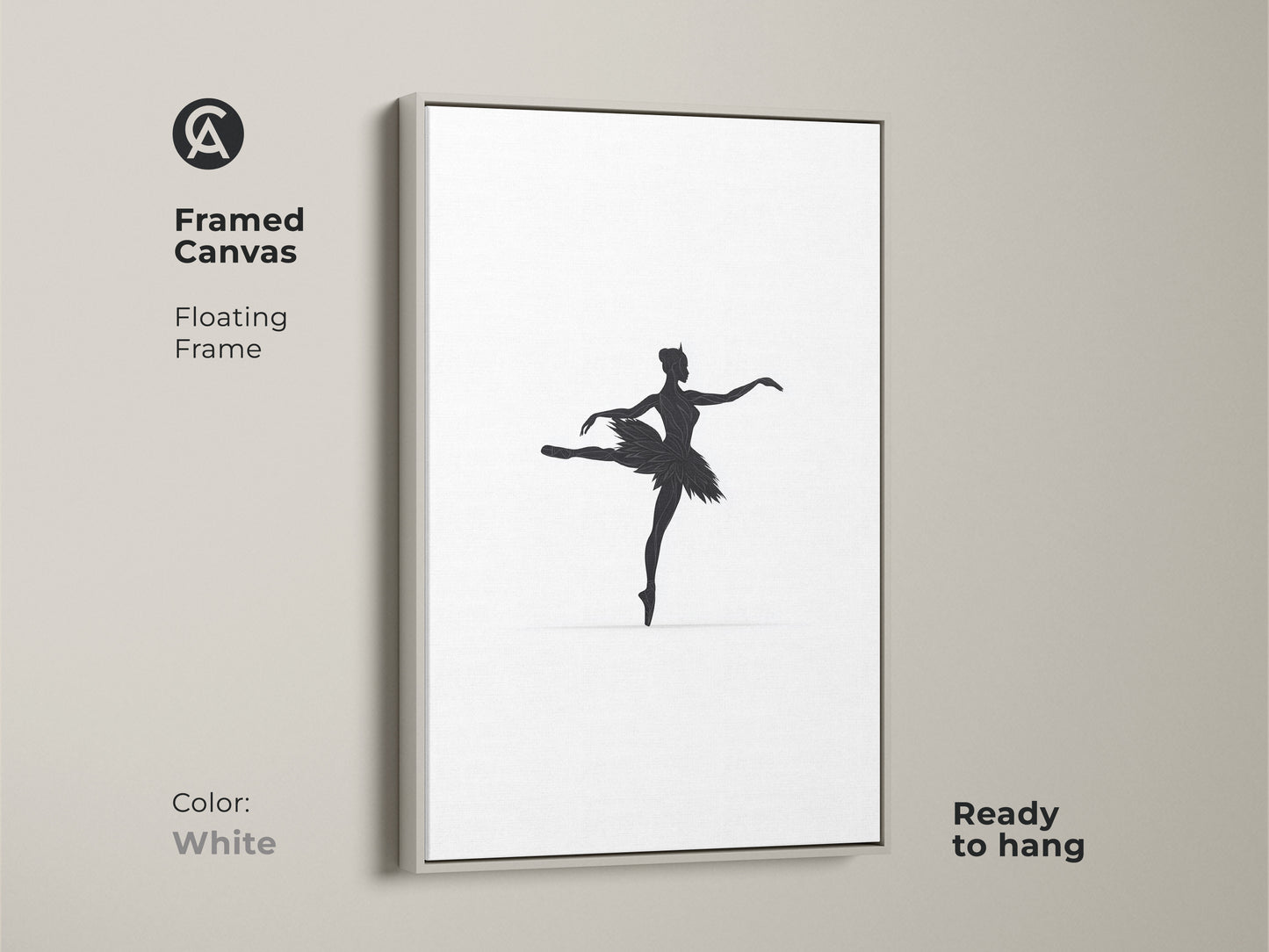 Minimalist black ballerina silhouette art is framed in white. This framed canvas with a floating frame is ready to hang. It is a chic addition to any room. The black and white art print brings a touch of contemporary elegance to a bedroom or studio.