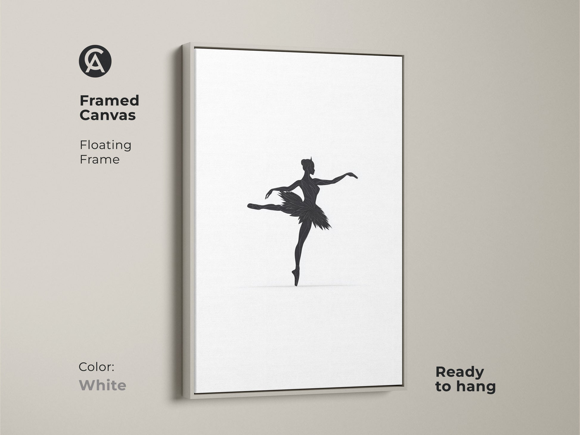 Minimalist black ballerina silhouette art is framed in white. This framed canvas with a floating frame is ready to hang. It is a chic addition to any room. The black and white art print brings a touch of contemporary elegance to a bedroom or studio.