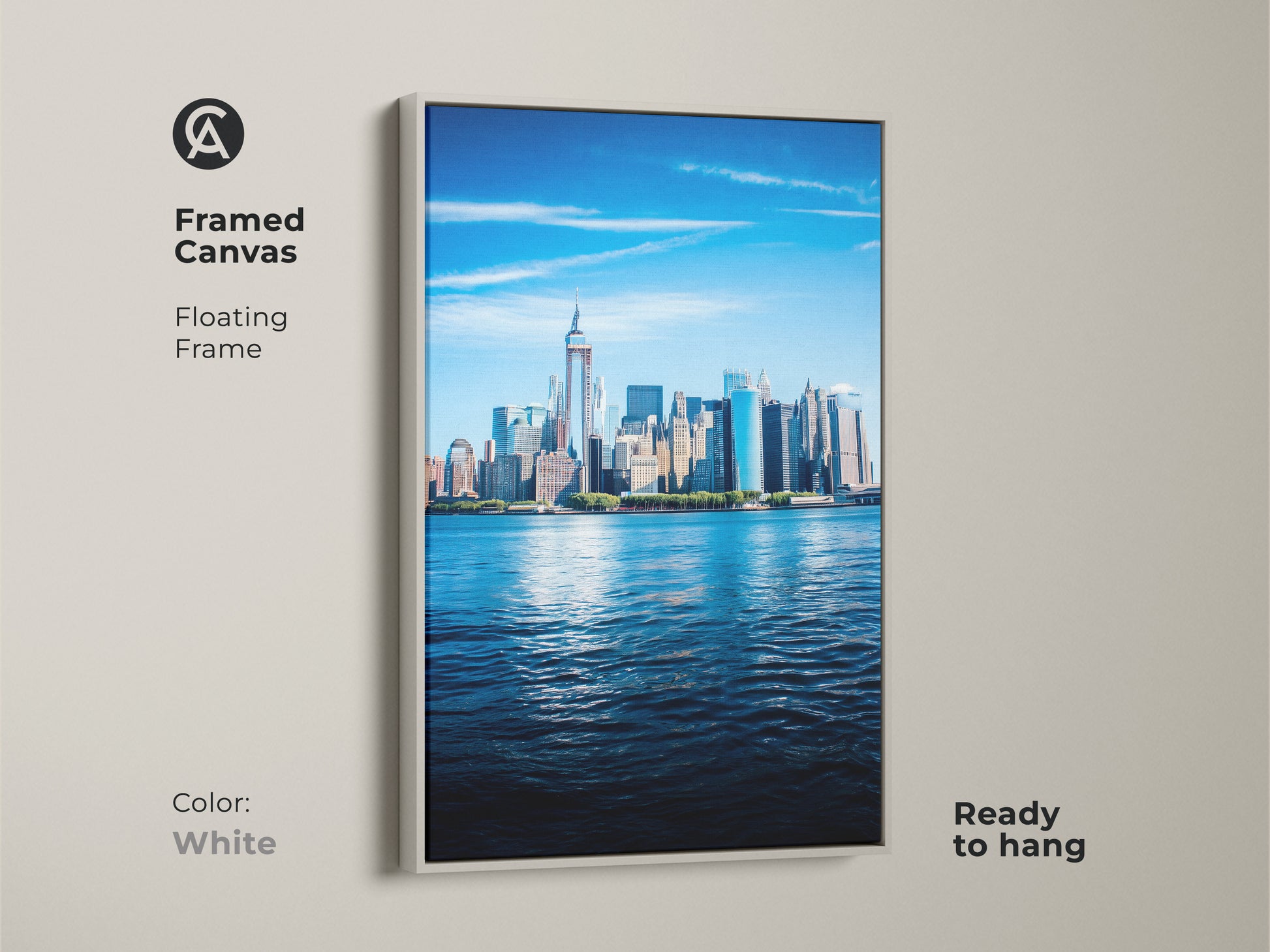 Framed canvas displaying the New York City skyline. This photorealistic New York art print has a floating frame in white. This ready to hang NYC art is a modern cityscape decor piece. The iconic building wall art features a blue sky.