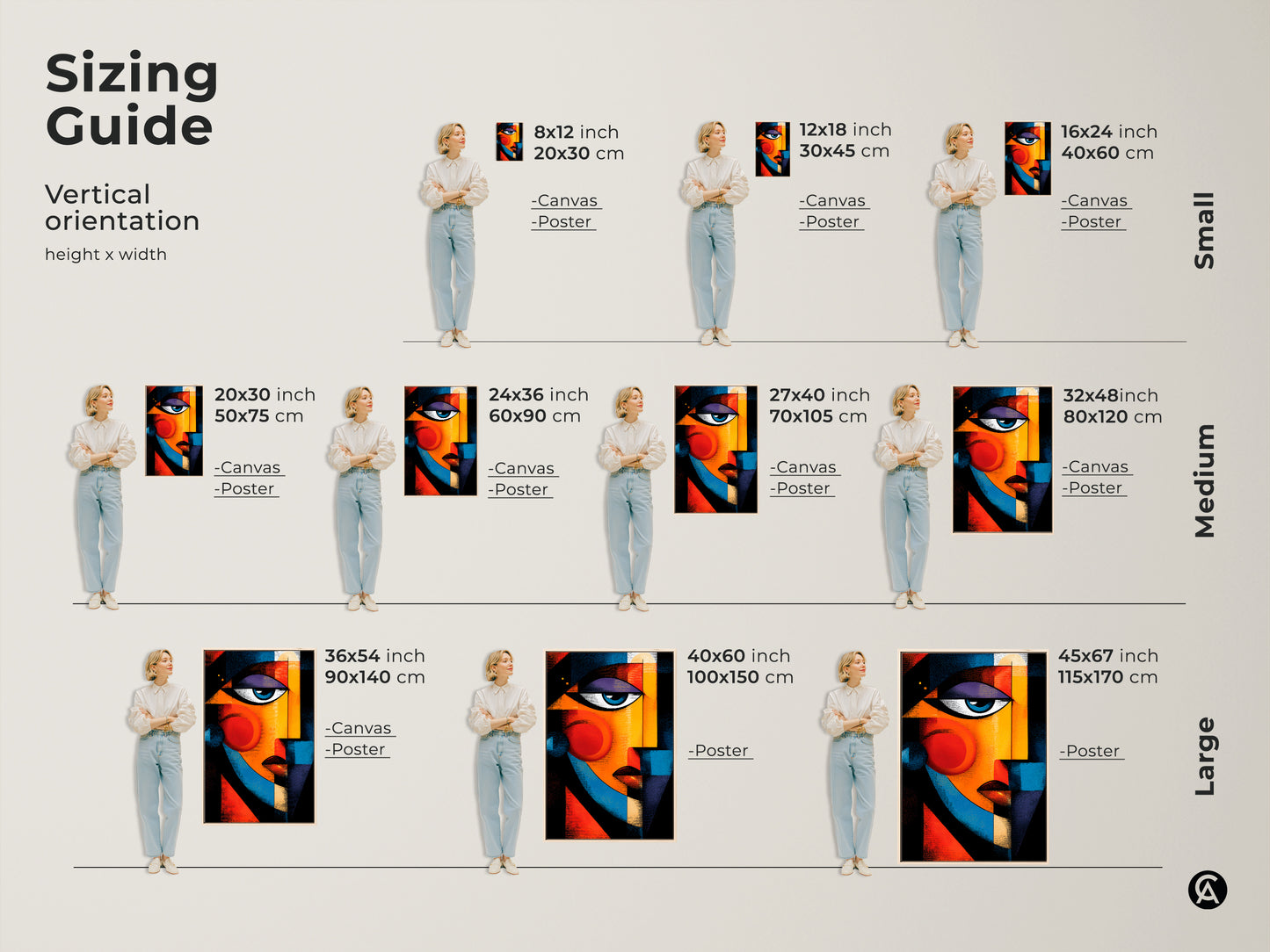 Sizing guide for vertical abstract face art prints. Visualize canvas and poster sizes from small to large. Find the perfect fit for your space and elevate your home decor today.
